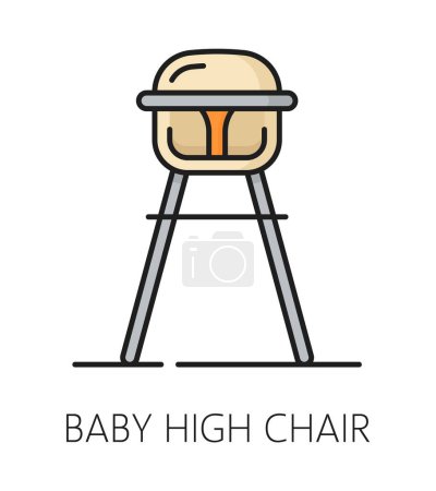 Téléchargez les illustrations : Chaise haute bébé. Icône de meubles, intérieur de la maison. pictogramme de contour de meubles d'appartement, article ménager pour enfant ou élément intérieur de la pièce signe vectoriel de ligne mince, symbole de chaise de bébé - en licence libre de droit