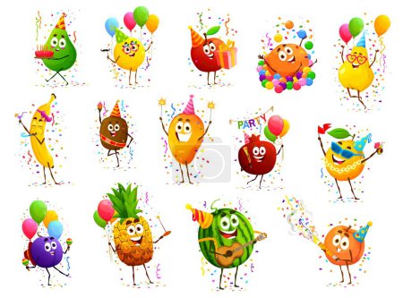 Téléchargez les illustrations : Personnages de fruits joyeux bande dessinée sur anniversaire de vacances d'anniversaire. Goyave, citron, pomme et orange, poire, banane fruits vecteur isolé personnages joyeux célébrant anniversaire avec gâteau, ballons - en licence libre de droit