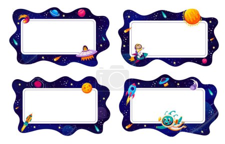 Illustration for Cartoon frames with galaxy space landscape and funny characters of kid astronaut and alien. Vector frame borders set with starry space sky, UFO, rockets, planets and stars, Sun, comets and nebulae - Royalty Free Image