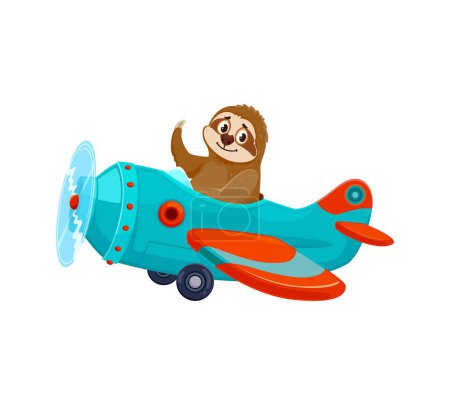 Illustration for Sloth pilot on airplane, cartoon animal aviator in plane toy, vector funny character. Sloth pilot waving with hand and flying in propeller airplane, funny zoo animal aviator for kids - Royalty Free Image