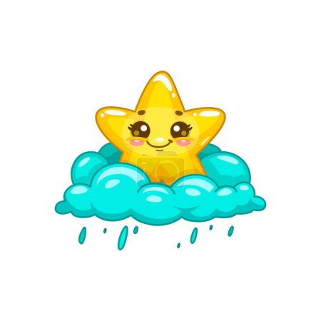 Illustration for Star kawaii character personage on cloud with rain, vector cartoon cute smile. Funny star emoji or emoticon and rainy weather cloud for kids mascot or cheerful cartoon emoticon character - Royalty Free Image