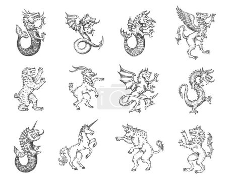 Mittelalterliche Wappentiere und Monster skizzieren, Vektor Fantasie Wappensymbole. Fantastische Tiere, Adlerlöwe oder Greif, Einhorn und Drache mit Adlerflügeln oder Fischschwanz, wuchernder Löwe, Bär und Ziege
