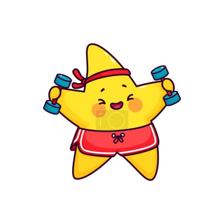 Illustration for Cartoon cute funny kawaii star and twinkle character donning a fitness headband and shorts, cheerfully lifts dumbbells in a cosmic workout. Isolated vector celestial toon personage glow with energy - Royalty Free Image