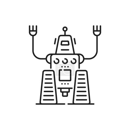 Illustration for Vintage robot with tracks line and outline icon. Alien cyborg AI robot, autopilot humanoid bot icon or chatbot vintage droid with claws, antennas and tracks linear vector sign or pictogram - Royalty Free Image