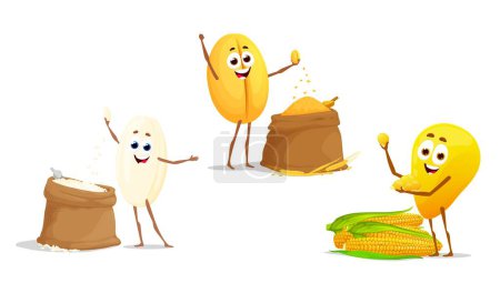 Illustration for Rice, wheat and corn grain characters, vector cereal food. Cartoon personages of funny crop plant showing harvested seeds and kernels with brown sacks, maize vegetable cobs, wheat and rice spikelets - Royalty Free Image