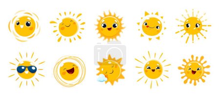 Ilustración de Dibujos animados divertidos personajes del sol. Conjunto vectorial aislado de adorable solar. Personajes brillantes del verano y el tiempo con caras kawaii, grandes ojos y sonrisas, usar gafas de sol, dormir en la nube, regocijarse y divertirse - Imagen libre de derechos