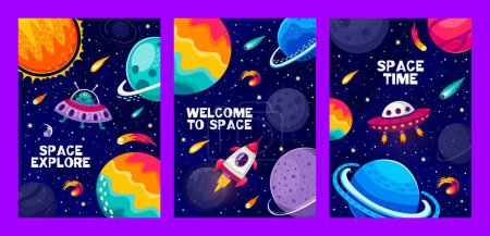 Illustration for Cartoon space landscape posters with vector alien character, rocket and UFO on starry galaxy background. Spaceship and flying saucer in outer space with fantasy planets, fire comets, stars, asteroids - Royalty Free Image