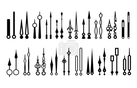 Illustration for Retro clock hands, hand watch time pointer or arrows. Classic hand watch minute vintage hands or arms, analog clockwork arrow hour or retro clock monochrome isolated vector second pointers set - Royalty Free Image