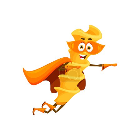 Illustration for Cartoon fusilli italian pasta superhero character. Isolated vector noodly personage flying with raised arms, fighting against the forces of blandness and dishing out deliciousness wherever they go - Royalty Free Image