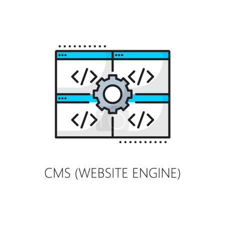 Illustration for Website engine. Cms. Content management system icon. Isolated vector thin line colored sign with gear and pc screens with programming code, symbolizing organization and control over digital content - Royalty Free Image