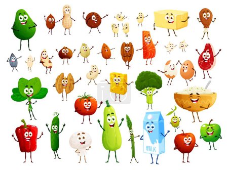 Illustration for Cartoon cute keto diet food characters. Funny personages of vector meat, fruit and vegetable, eggs, nuts, fish, milk and rice, cheese, beans, butter and seeds. Ketogenic diet meal with happy faces - Royalty Free Image