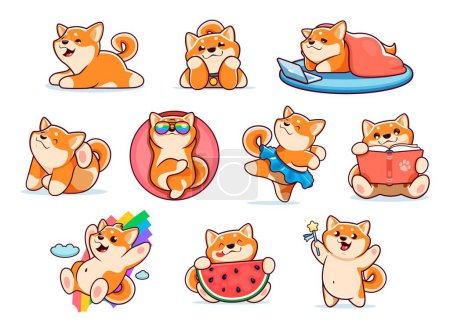 Illustration for Cartoon japanese happy shiba inu dog characters, cute kawaii pet personages. Vector Japan dog or puppy animals posing with funny faces, shiba inu doggies sleeping, scratching ear, dancing and reading - Royalty Free Image