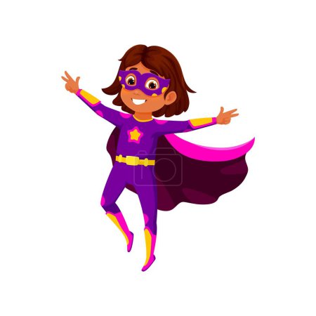Personaje de superhéroe niño de dibujos animados. Chica vectorial aislado super héroe, en un traje púrpura con capa rosa ondulando en el viento, exuda confianza y determinación para salvar el día con una sonrisa radiante