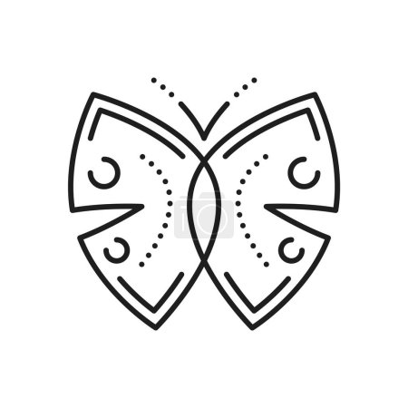 Téléchargez les illustrations : Tatouage d'art en ligne papillon pour la décoration d'ornement avec motif abstrait sur les ailes, icône vectorielle. Insecte papillon avec ailes ouvertes en ligne fine gribouille pour l'impression de décoration ornementale ou emblème décoratif - en licence libre de droit
