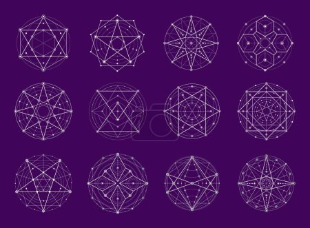 Illustration for Sacred geometry, esoteric magic and alchemy symbols, myth and meditation vector pentagram. Spiritual tattoo shapes of sacred geometry pentagrams or occult star pentacles, pyramids in esoteric lines - Royalty Free Image