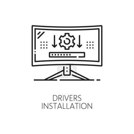 Illustration for Computer software line icon of driver installation, outline vector. PC or laptop hardware and computer service center, maintenance and support of digital device with drivers update installation - Royalty Free Image