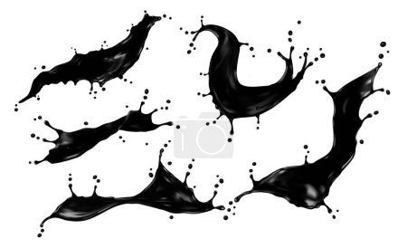 Ilustración de Salpicadura de aceite negro, flujo de gasolina, remolino de tinta líquida. Danza oscura vectorial 3d aislada de sombras brillantes, que refleja un encanto misterioso y siniestro. Petróleo enigmático o salpicaduras de pintura, la captura de aire - Imagen libre de derechos