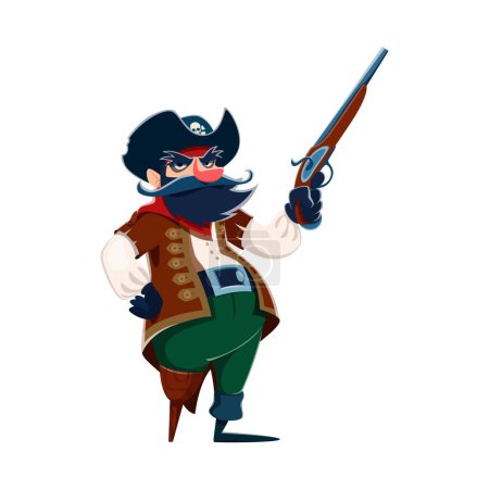 Illustration for Cartoon pirate captain character with wooden leg and gun. Funny bearded man vector personage of pirate or corsair robber captain in black tricorn hat, bandana, coat and gloves showing medieval weapon - Royalty Free Image