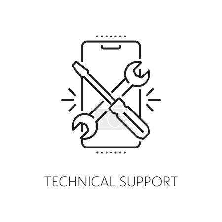Illustration for Technical support, web app develop and optimization icon. Computer or mobile phone application develop line symbol, software product technical support outline vector pictogram with crossed tools - Royalty Free Image