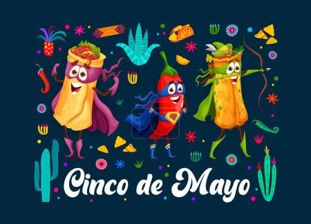 Téléchargez les illustrations : Tex Mex Cuisine mexicaine personnages de super héros pour Cinco De Mayo bannière de vacances, vecteur de dessin animé. Super héros burrito drôle, gardien de piment et archer enchilada pour la fiesta mexicaine de Cinco De Mayo - en licence libre de droit