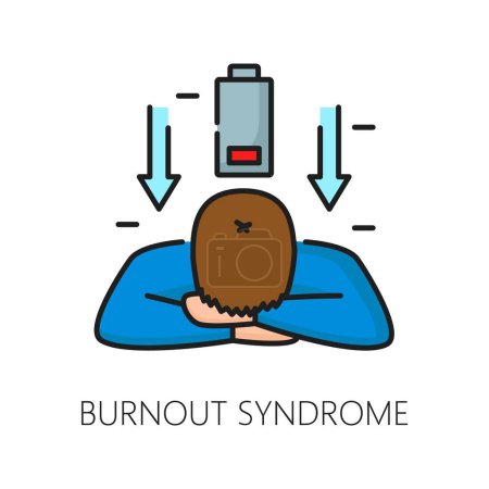 Illustration for Burnout syndrome psychological disorder problem, mental health icon depicted as a tired person with low battery charge, symbolizing exhaustion, stress, and disengagement from work or daily activities - Royalty Free Image