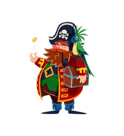 Illustration for Cartoon pirate captain character with treasure chest and parrot, vector piracy personage. Funny corsair robber in captain costume, tricorn hat and coat with smoking pipe throwing up gold coin - Royalty Free Image