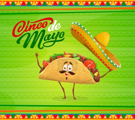 Illustration for Cartoon taco character. Cinco de Mayo holiday banner with mexican ornament vector borders. Cute tex-mex sandwich wrap vector personage in sombrero, funny corn tortilla taco waving mariachi hat - Royalty Free Image