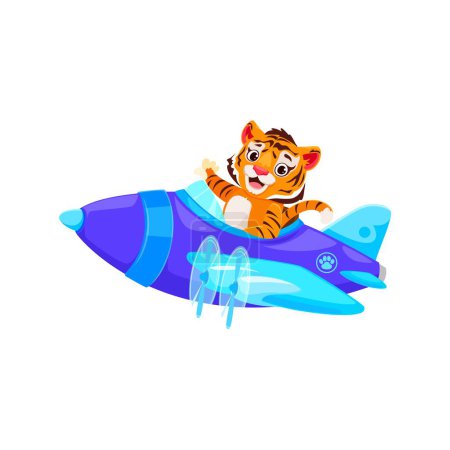 Téléchargez les illustrations : Pilote tigre dans l'avion, aviateur animal dessin animé dans l'avion, personnage de jouet vecteur drôle. Pilote tigre volant en avion à hélice, aviateur animal zoo pour enfants design mascotte ou t-shirt - en licence libre de droit