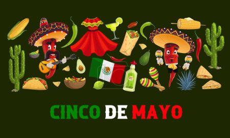 Mexikanische Küche, Getränke und Schriftzeichen auf dem Banner des Cinco de Mayo. Vector Jalapeno oder Chilischoten in Sombrero, Kaktus, Kleid und Tequila. Tex mex taco, burrito, quesadilla und avocado, flagge und maracas
