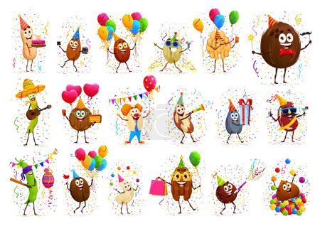 Ilustración de Personajes de tuerca de dibujos animados en fiesta y fiesta de cumpleaños. Personajes lindos vector de alimentos proteicos, almendras felices, maní, nuez, anacardo, pistacho y avellana, frijol, semilla de girasol con pastel de cumpleaños, regalos - Imagen libre de derechos