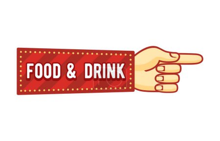 Illustration for Retro tent circus sign and vintage carnival signboard featuring a hand pointing gesture directs to food and drink spot, exuding a vintage nostalgic allure. Vector direction arrow, invitation pointer - Royalty Free Image