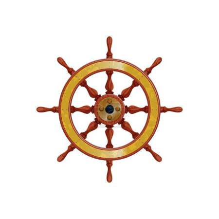 Illustration for Ship helm, cartoon boat wheel. Isolated vector nautical steering wheel or rudder adorned with weathered brass, commands the vessel course. Its spokes and worn wood tell tales of maritime journeys - Royalty Free Image
