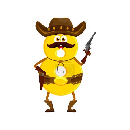 Ilustración de Cowboy de dibujos animados, sheriff, y el ladrón de matemáticas número ocho carácter. El personaje aislado del guardabosques con bigote vectorial blande un arma. Lúdico e inteligente, el dígito 8 añade un giro numérico a la aventura del Salvaje Oeste - Imagen libre de derechos