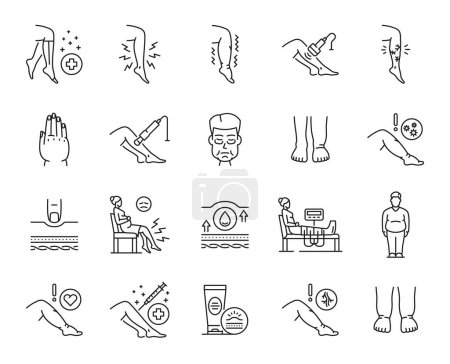 Illustration for Edema line icons of vector swollen legs, feet and body parts, face and hand. Lymphatic system disease symptoms, varicose veins inflammation and pain. Edema causes, prevention and treatments symbols - Royalty Free Image