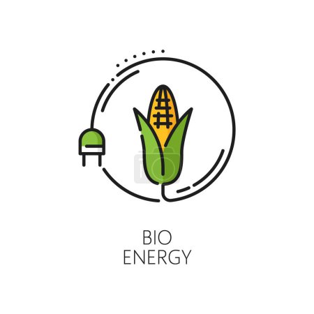 Illustration for Green bio energy, clean eco power thin line icon. Renewable energy and eco fuel production, electricity power alternative source thin line vector icon or color symbol with corn ear, electricity plug - Royalty Free Image