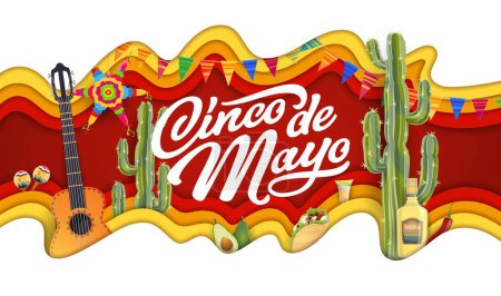 Téléchargez les illustrations : Cinco de mayo bannière mexicaine de papier de vacances avec maracas vectoriels traditionnels, guitare, cactus, tequila et tex mex taco avec avocat et pinata à l'intérieur du cadre 3D stratifié. Fête nationale du Mexique - en licence libre de droit