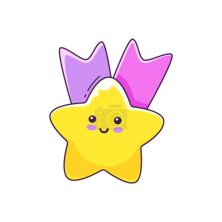 Illustration for Cartoon star cute kawaii character with award ribbons and funny twinkle, vector personage. Kid emoji or emoticon star with certificate pink and purple ribbons for mascot or cheerful cartoon character - Royalty Free Image