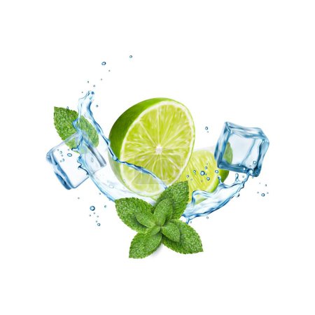 Illustration for Mojito drink splash, ice cubes, lime fruit, mint leaves and realistic water wave with falling drops. Vector 3d lemon juice, green tea, soda or sparkling water cocktail, cool mojito with ice and mint - Royalty Free Image