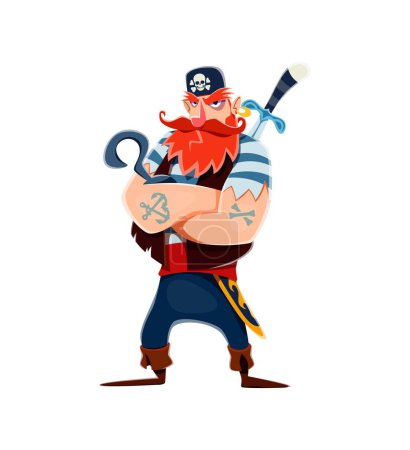 Ilustración de Personaje marinero pirata de dibujos animados con gancho y espada. Divertido personaje vectorial pirata de hombre barbudo rojo con bandana negra con cráneo y chaleco cruzado. Corsario enojado de pie con los brazos cruzados - Imagen libre de derechos