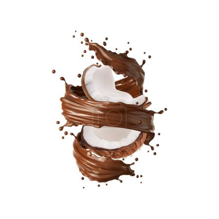 Ilustración de Yogur de chocolate realista, crema de cacao o bebida de leche salpicadura remolino con coco, vector de alimentos choco. 3d nuez tropical, mitades de coco con salsa de cacao líquido, yogur o batido de leche girando alrededor - Imagen libre de derechos
