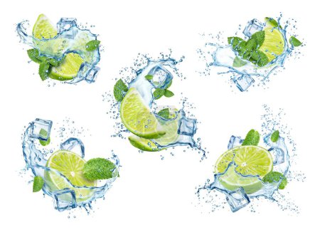 Illustration for Mojito drink splashes with lime, ice cubes and mint leaves, vector alcohol cocktail. Realistic 3d flow of soda water, lime fruit juice, ice, rum and green mint. Cuban mojito cocktail splashes set - Royalty Free Image