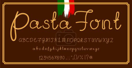 Illustration for Italian pasta font or type, realistic spaghetti typeface. English alphabet vector letters, numbers and signs shaped like noodles, forming a tasty typography that celebrates culinary artistry of Italy - Royalty Free Image