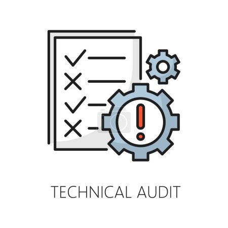 Illustration for Technical audit. Web audit icon. Website content audit, web performance report or SEO traffic control outline vector icon, marketing research thin line sign or symbol with cogwheel and checklist - Royalty Free Image