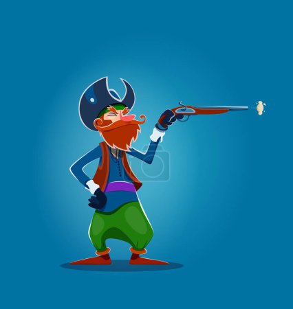 Illustration for Cartoon pirate corsair sailor character with musket pistol, vector man personage. Pirate filibuster in tricorne hat shooting from pistol gun, Caribbean adventure character of sea filibuster sailor - Royalty Free Image