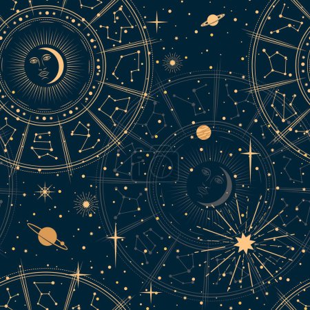 Téléchargez les illustrations : Modèle d'astrologie. Constellation céleste, étoiles mystiques et planètes fond ésotérique. Motif vectoriel sans couture avec lune et soleil, signes du zodiaque ou de l'horoscope et étoiles magiques de la galaxie - en licence libre de droit