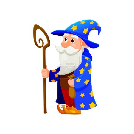 Illustration for Cartoon gnome or dwarf astrologer or wizard character. Isolated vector whimsical personage with long beard, pointed hat, celestial robe and mystical staff, casting magical spells and fairytale wonders - Royalty Free Image