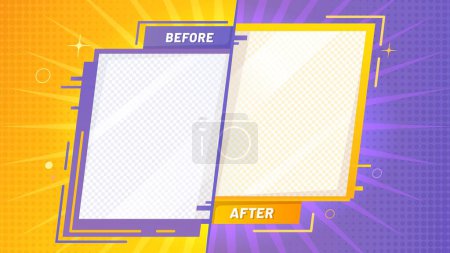 Illustration for Before after template. Vector yellow and purple color background with halftone dotted pattern, sun rays, sparks and transparent copy space. Borders or photo frames for comparison in retro comic style - Royalty Free Image