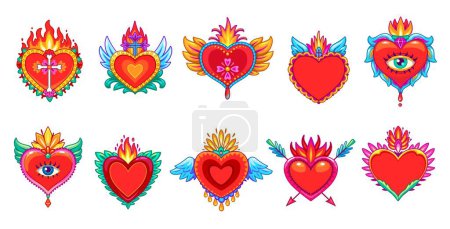 Illustration for Mexican sacred hearts. Cartoon vector set of vibrant and intricate religious symbols with colorful flowers, flames, eyes and thorns, representing devotion and spiritual significance in Mexico culture - Royalty Free Image