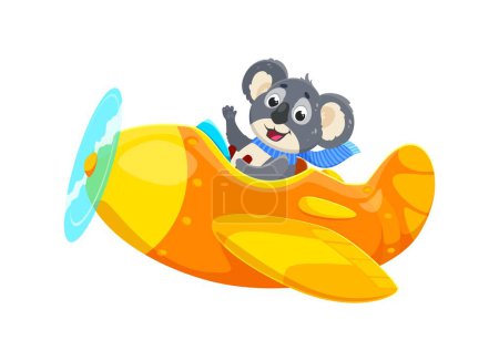 Téléchargez les illustrations : Bébé personnage animal dans l'avion. Cartoon animal koala enfant pilote d'avion. Vecteur isolé adorable ourson navigue joyeusement dans un avion miniature, répandant joie et douceur à travers le ciel moelleux - en licence libre de droit