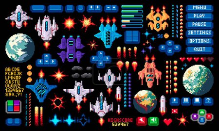 Ilustración de 8 bits arcade pixel espacio activo juego, invasores y asteroides, planetas y naves espaciales, alienígenas y estrellas, fuego y explosión vector establecido en estilo retro pixelado. Botones de panel de menú, iconos de videojuegos 2d - Imagen libre de derechos